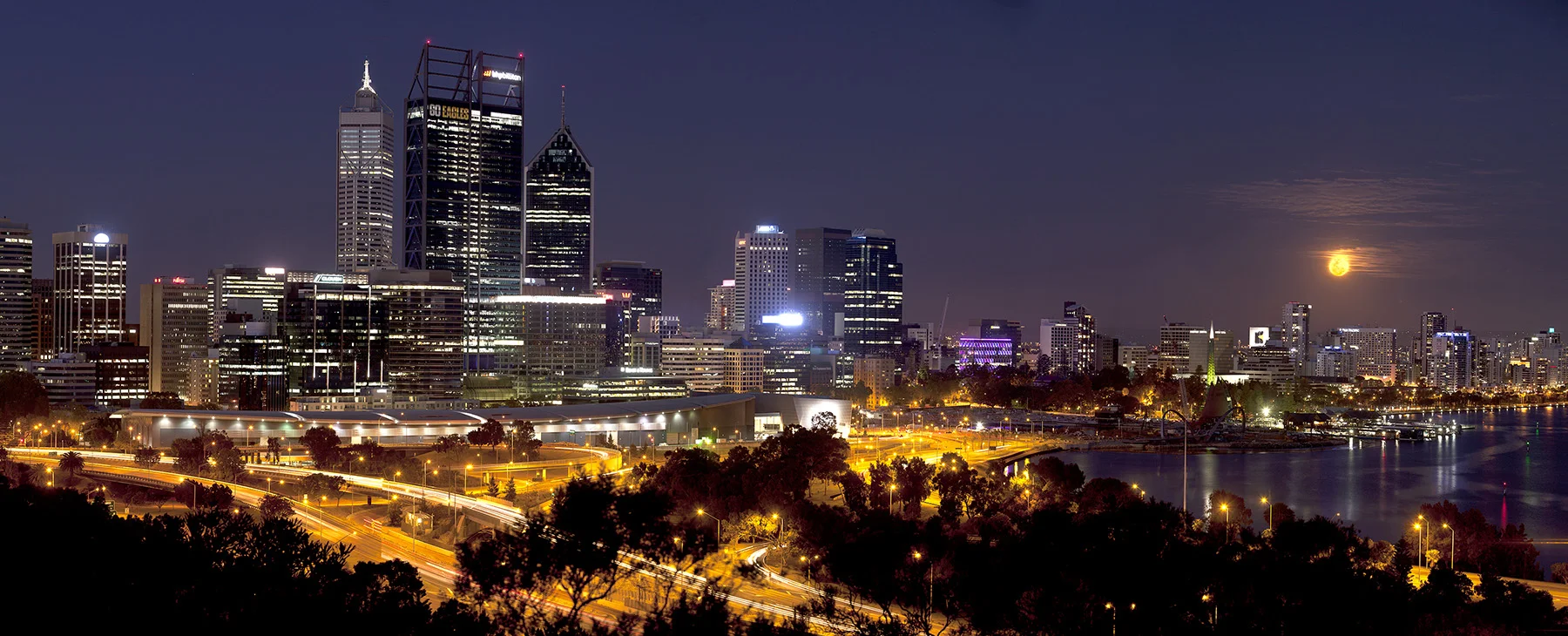 Perth City at night with moon from Kings Park