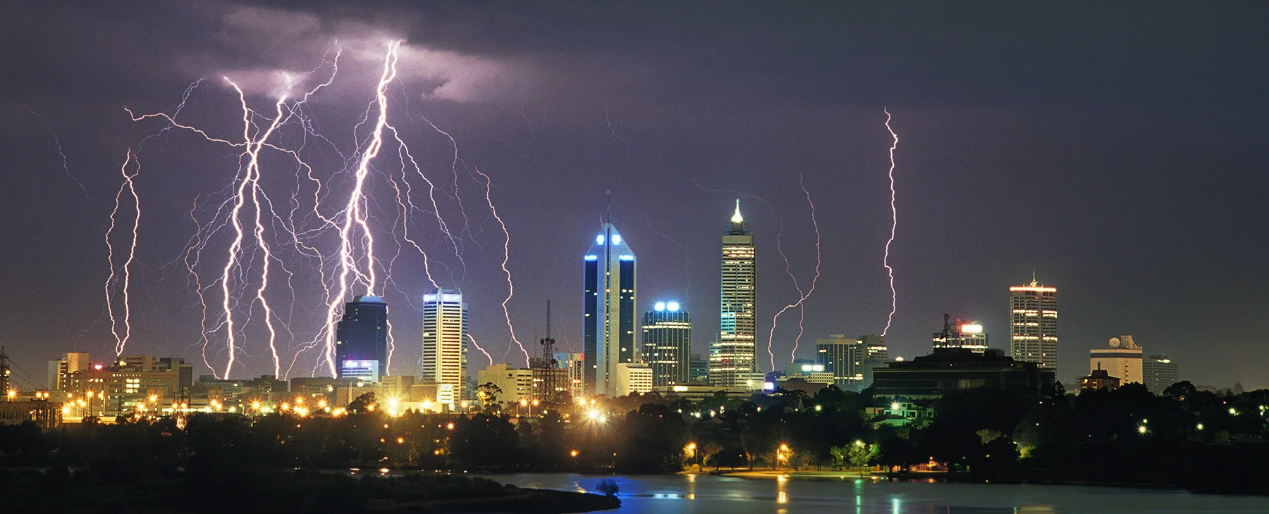 Perth Skyline Lightning at Night