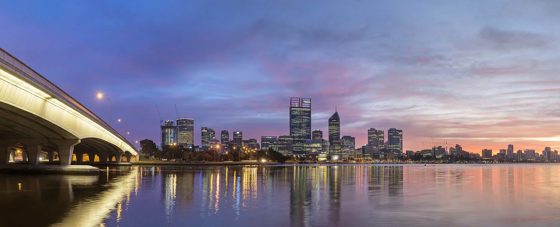 Perth City Skyline at Dawn with Narrows Bridge