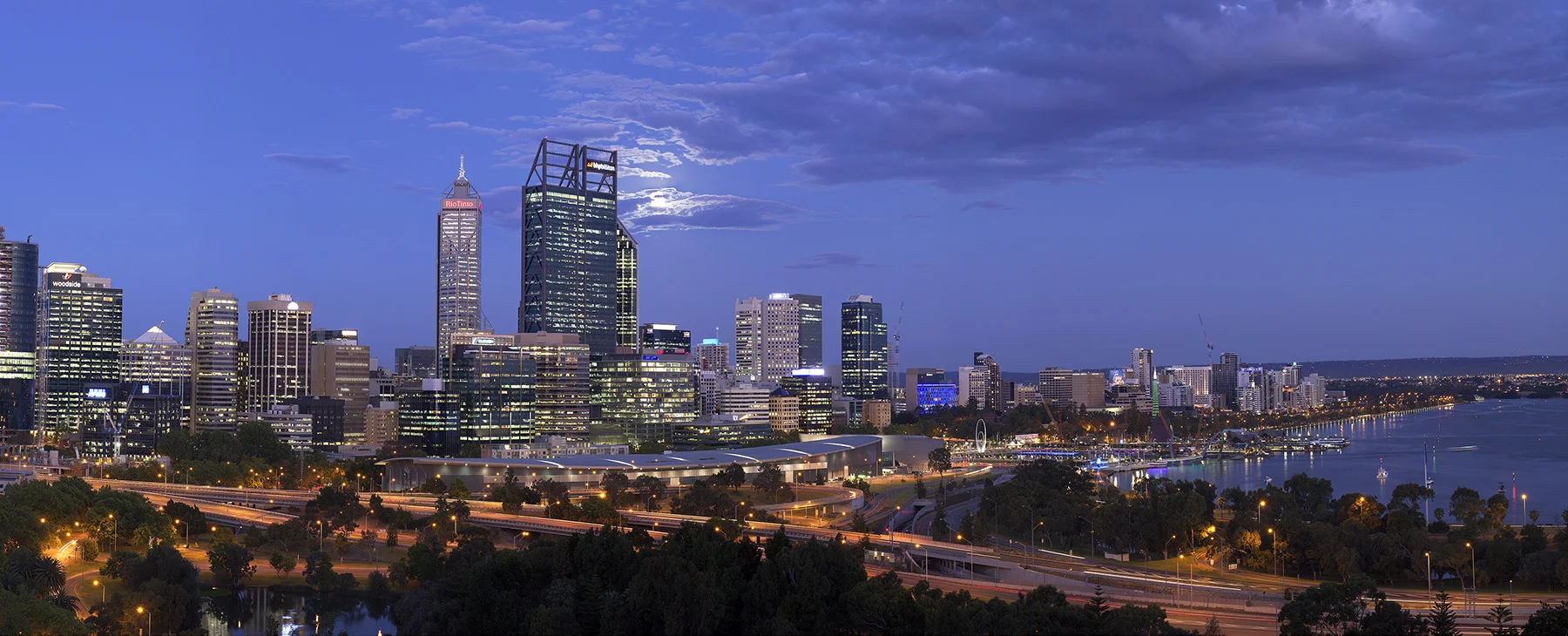 Perth City Skyline at Dusk with Moon