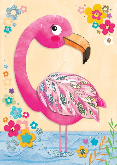 Jojo's Jungle Flamingo collaged greeting card for the Art Group.