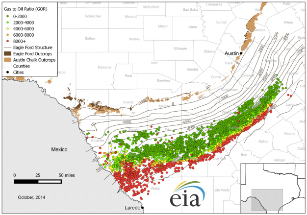 Oil to gas ration map for Eagle Ford 2015