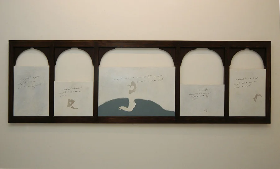L’orientation de la vitrine (cinq peintures orientalistes : J-L Gérome, Le Retour de la chasse , 1878; J-B Huysmans, Saltimbanques , 1883; L. C. Muller, Les Admirateurs de l’almée , 1882; F. Cormon, La Favorite déchue , 1870; K. Zimmerman, L’Enlèvement de l’odalisque , 2004) 2004, Mixed media, Five canvas in a single wood frame, 127.5 x 435.5 cm