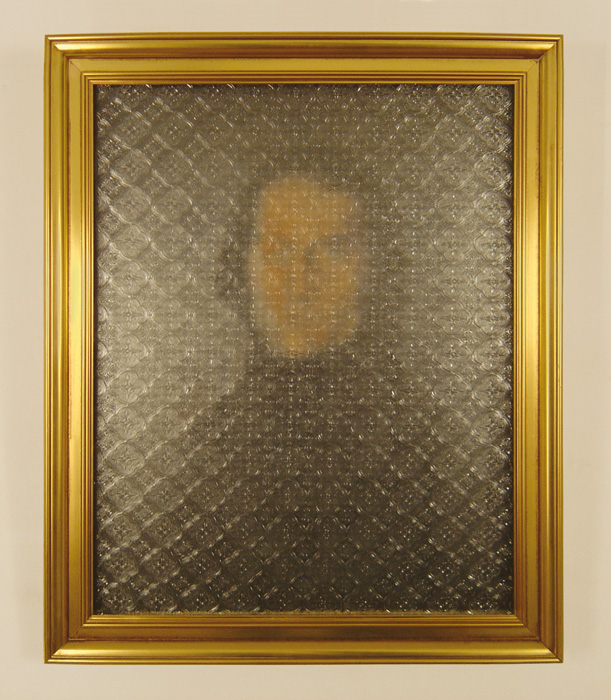  Femme à la fenêtre (autoportrait) 2005, Acrylic on canvas board, golden frame, ‘Flora’ pattern glass 58 x 47.5 cm 