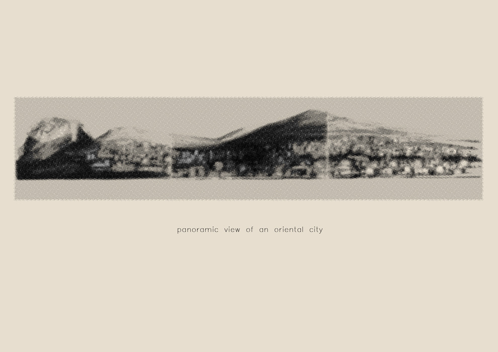  Panoramic View of an Oriental City 2005, Three charcoal drawings on Canson paper pixelated on Photoshop, 23 x 61.5 cm&nbsp; 