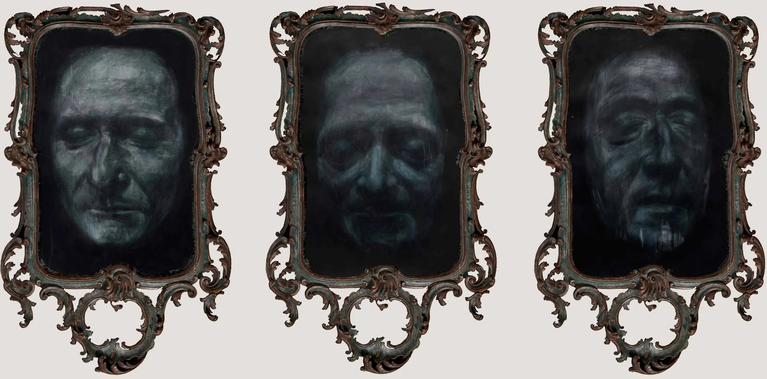 Spirit apparition of the death masks of Jean-Jacques Rousseau, Voltaire and Denis Diderot Triptych, 2012, Charcoal, chalk and varnish on Heritage paper 113.5 x 83.5 cm (each)