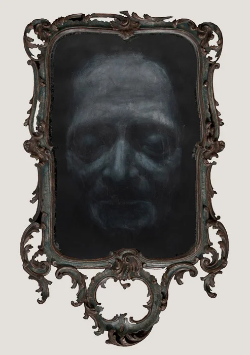 Apparition spirite des masques mortuaires de Jean-Jacques Rousseau, Voltaire et Denis Diderot (Voltaire) 113,5 x 3,5 cm