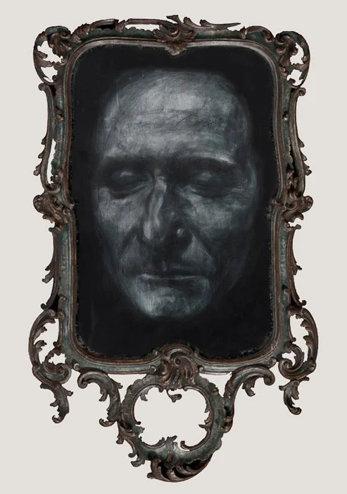 Apparition spirite des masques mortuaires de Jean-Jacques Rousseau, Voltaire et Denis Diderot (Rousseau) 113,5 x 3,5 cm