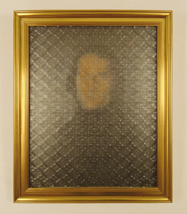 Woman at the Window (Self-portrait) 2005, Acrylic on canvas board, Golden frame, ‘Flora’ pattern glass, 58 x 47.5 cm