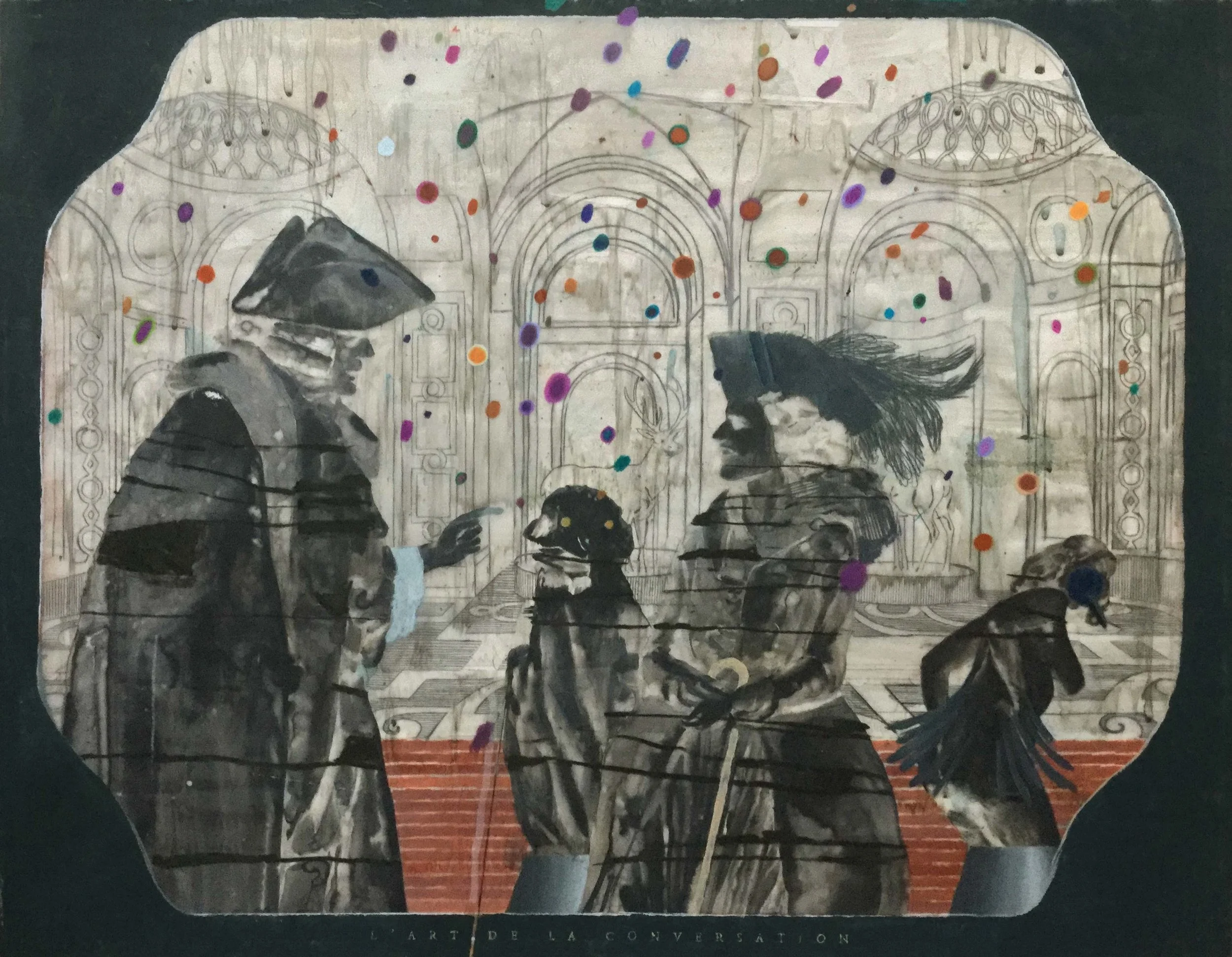 L'art de la conversation – le calembour 2017, Mixed media on drafting film 47 x 60 cm