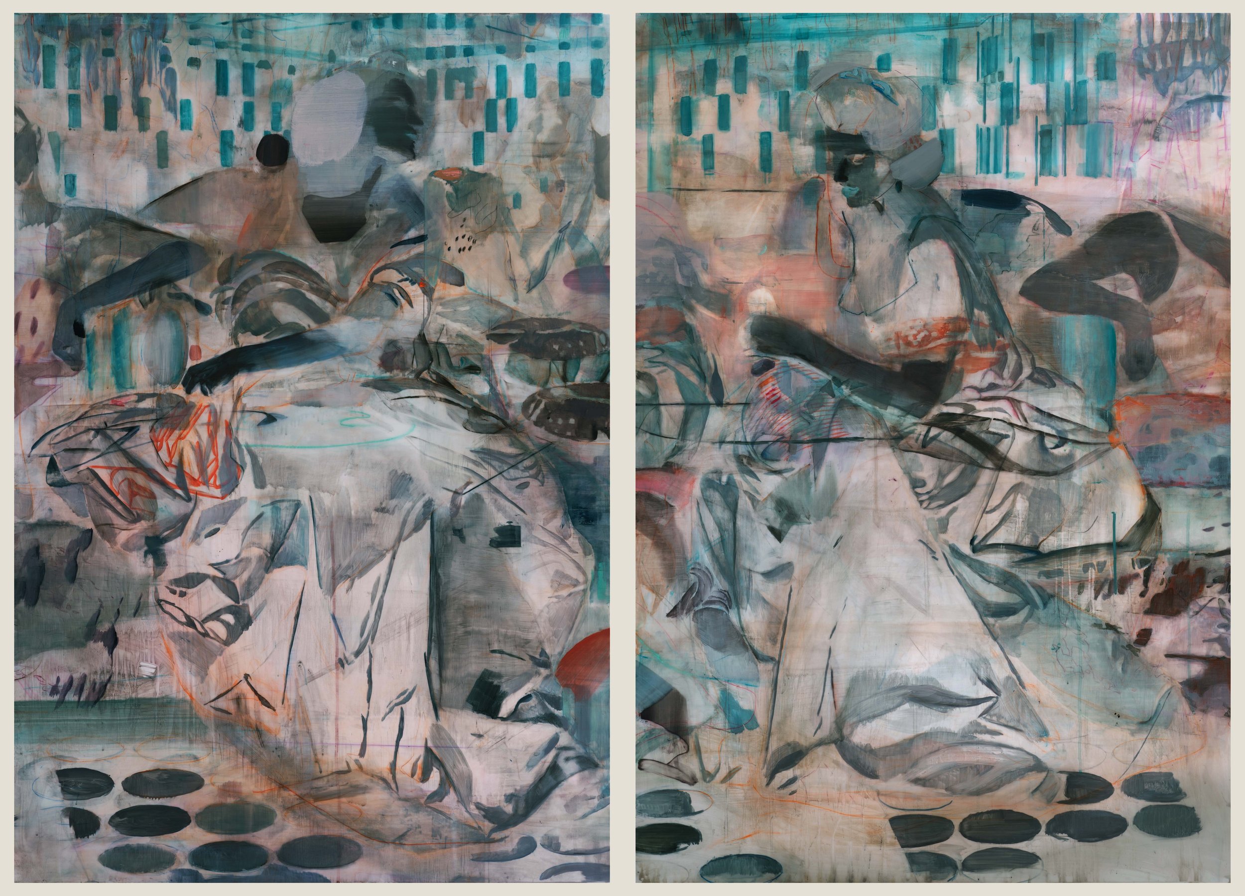   Pre-coital (after Artemisia)  2022, Mixed media on polyester film 122 x 171 cm (two panels) 