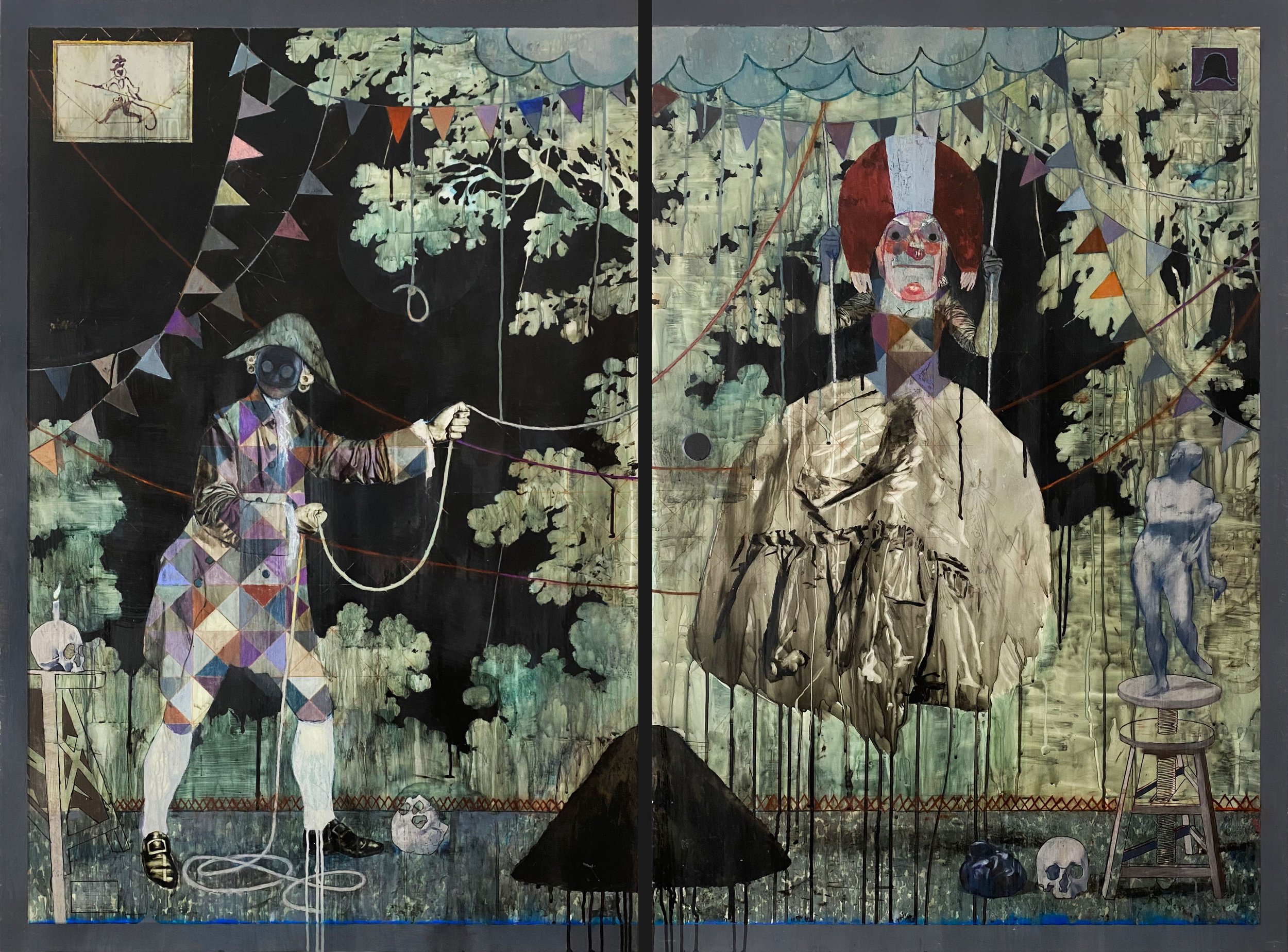   L’Escarpolette ou l’implacable pantomime  2016, Mixed media on polyester film 122 x 168 cm  (on two panels) 