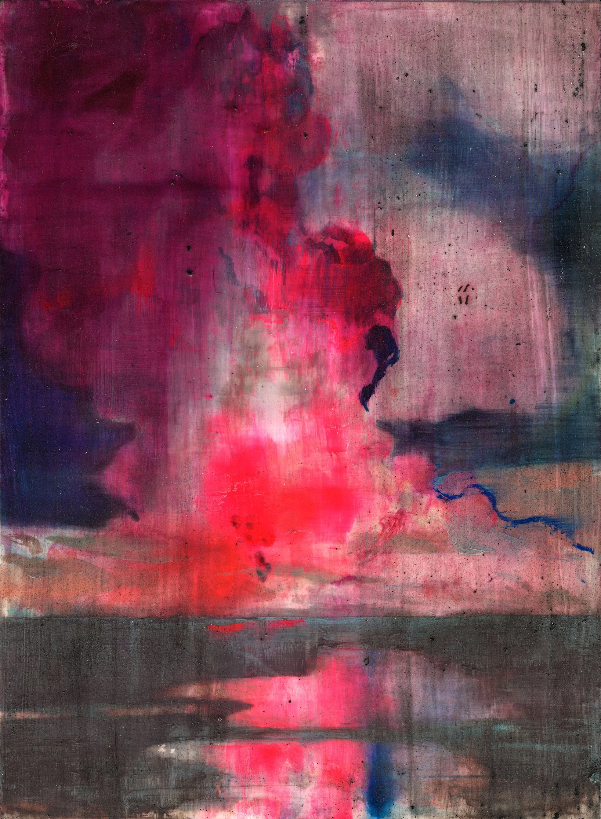 Nuée ardente 2025, Mixed media (microplastics, silicate minerals, sulfur, ash, polymer) on polyester, 28.5 × 21 cm