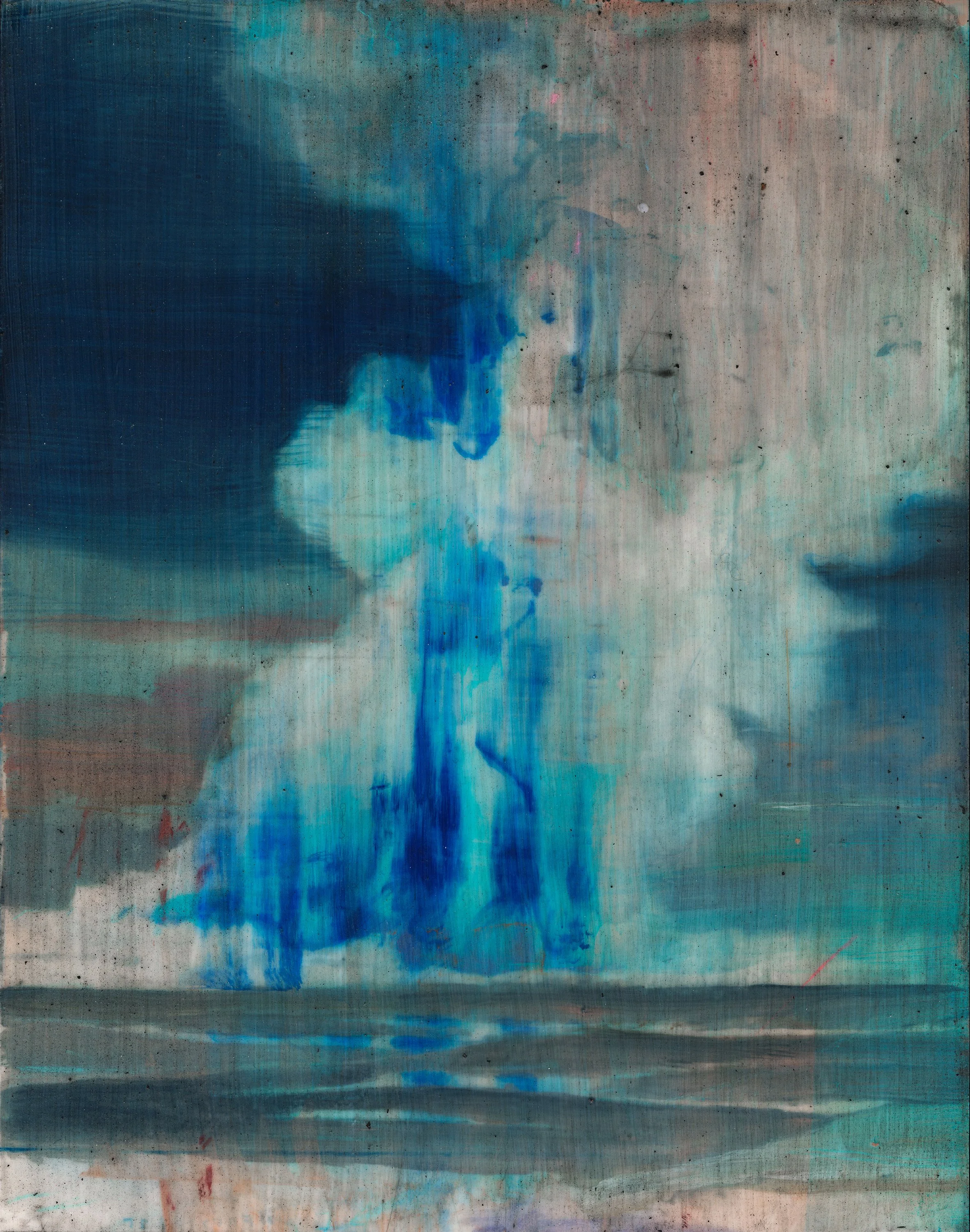 Nuée ardente 2025, Mixed media (microplastics, silicate minerals, sulfur, ash, polymer) on polyester, 27 × 21 cm