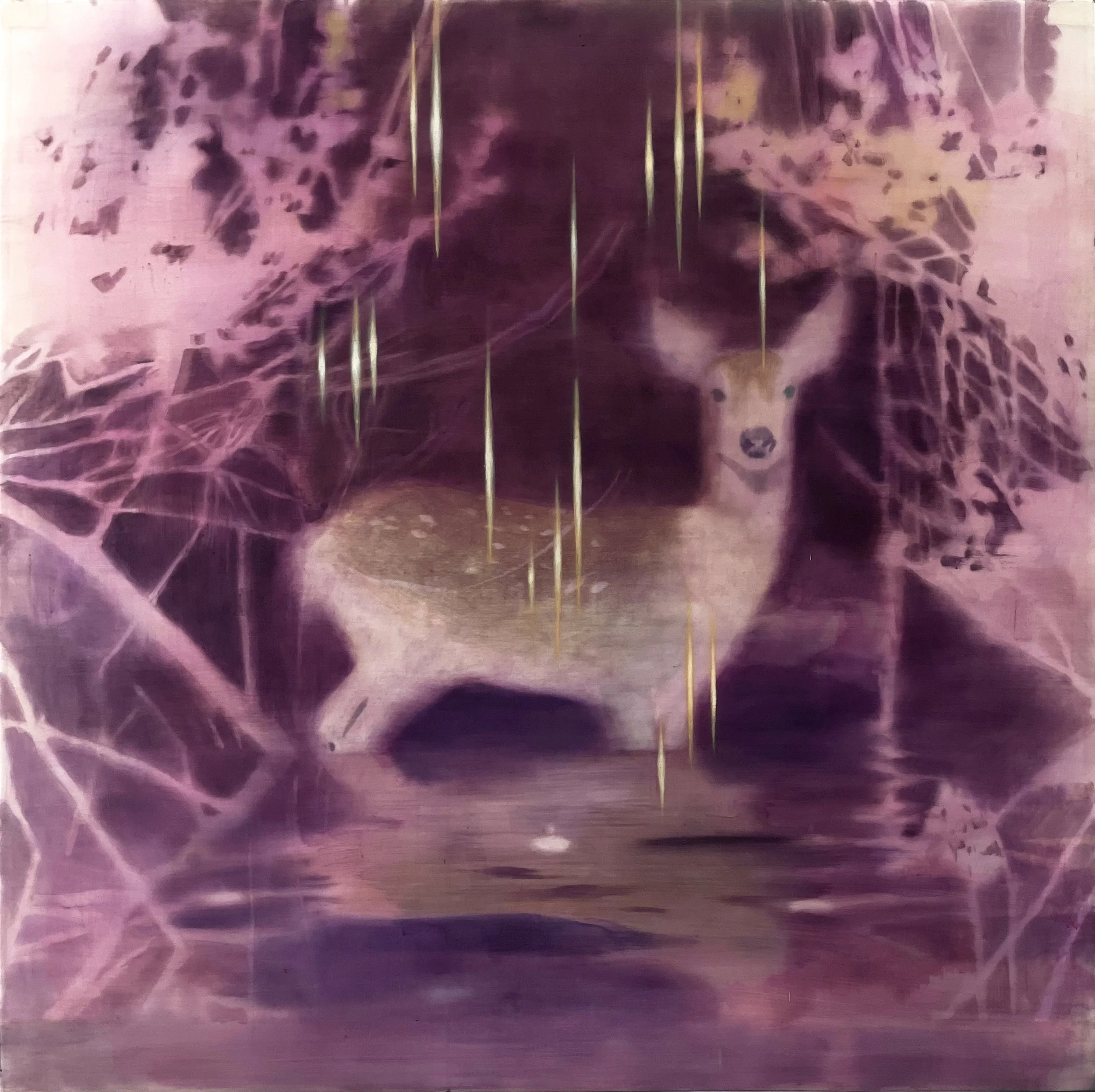   Diana’s Gaze  (triptych) 2026, Mixed media on polyester Left panel, 122 x 122 cm 