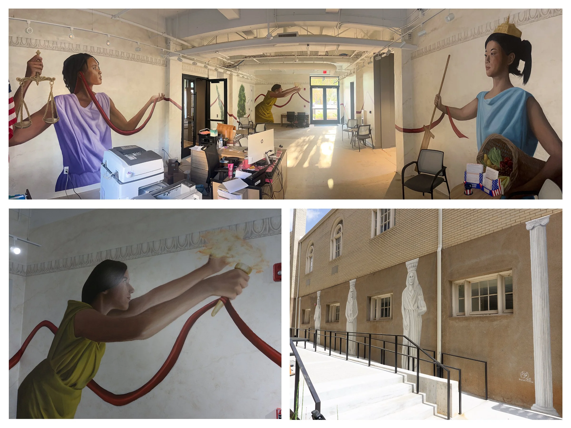  "A City for All" 
 
 ~900 sq ft 
 133 E Washington st, Athens, GA 
 This mural spans multiple interior and exterior walls, drawing inspiration from Athens’ identity as the “Classical City.” By reimagining classical symbols within a contemporary cont