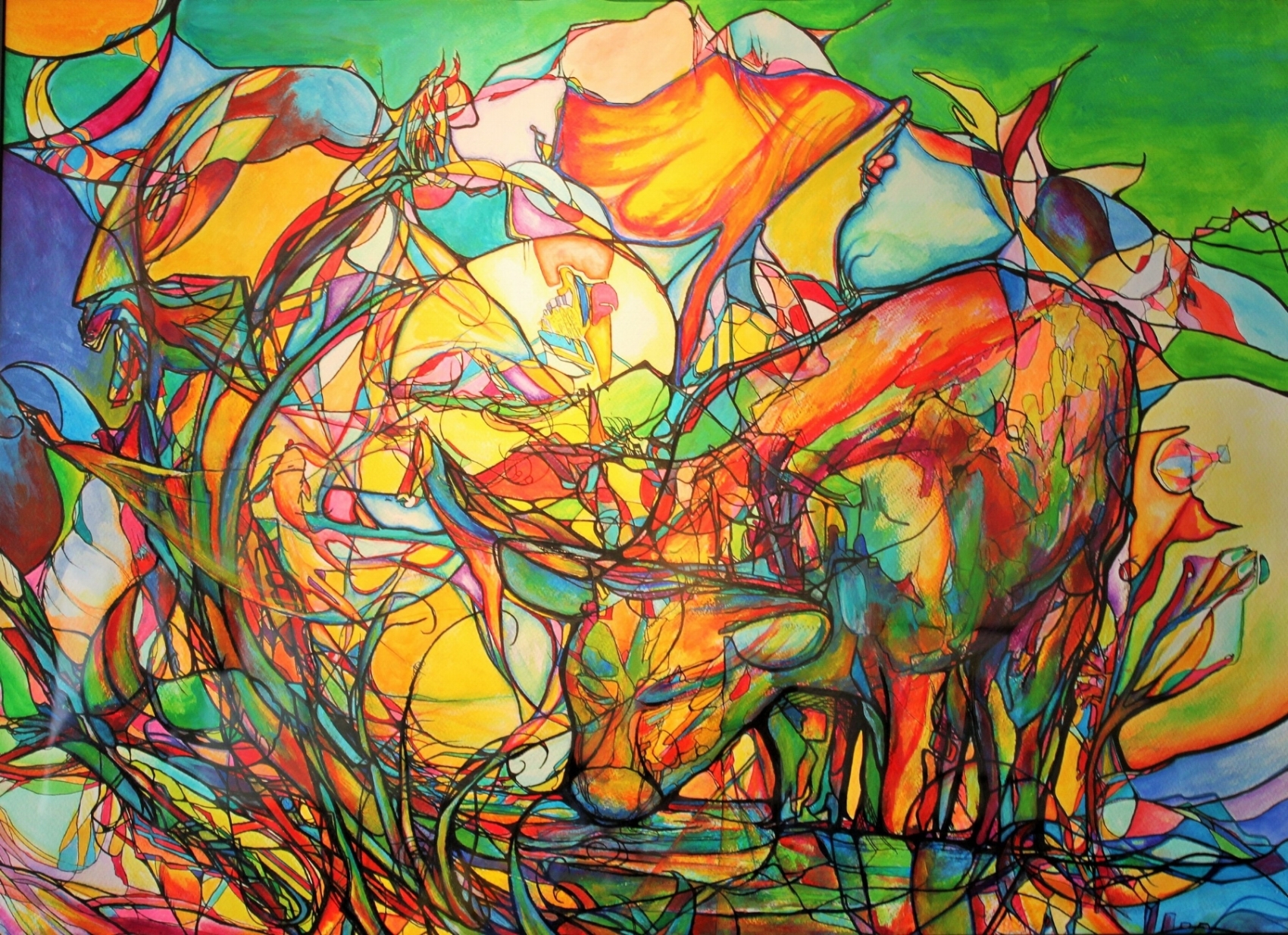 Watering Hole, mixed media on watercolor paper, 36" x 24" - SOLD