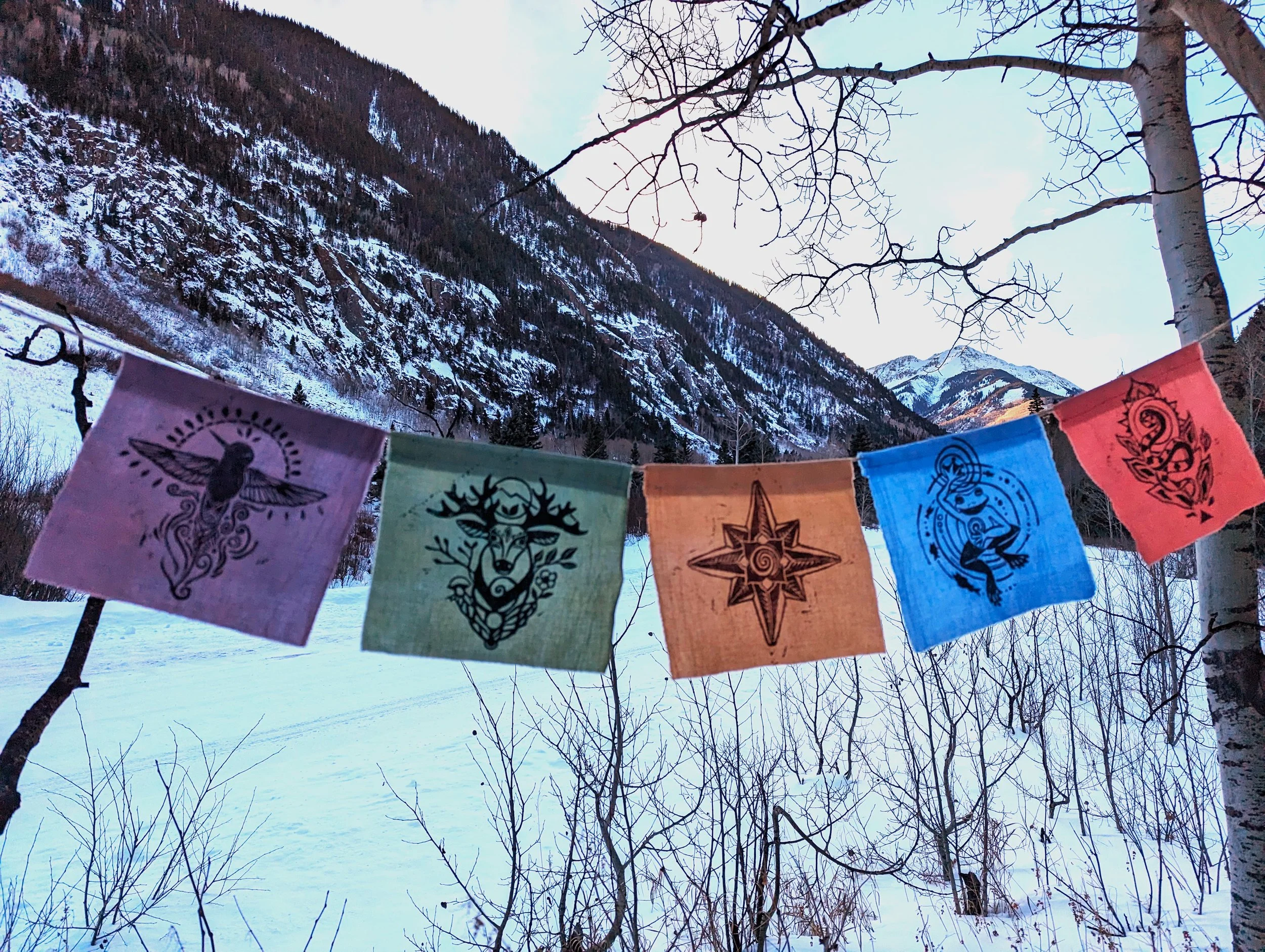 Elemental Prayer Flags, hand printed and plant dyed on organic cotton