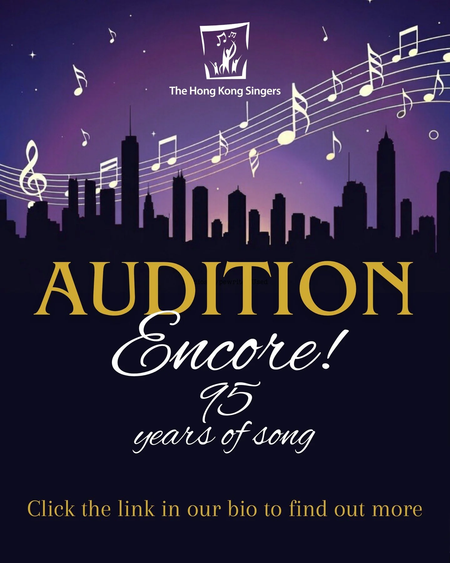 Audition for Encore! 95 Years of Song 🎼

Following the success of the Hong Kong Singers performance at MusicalCon earlier this year, we are thrilled to be bringing this production to the Sheung Wan Civic Centre in May. We are looking for talented si