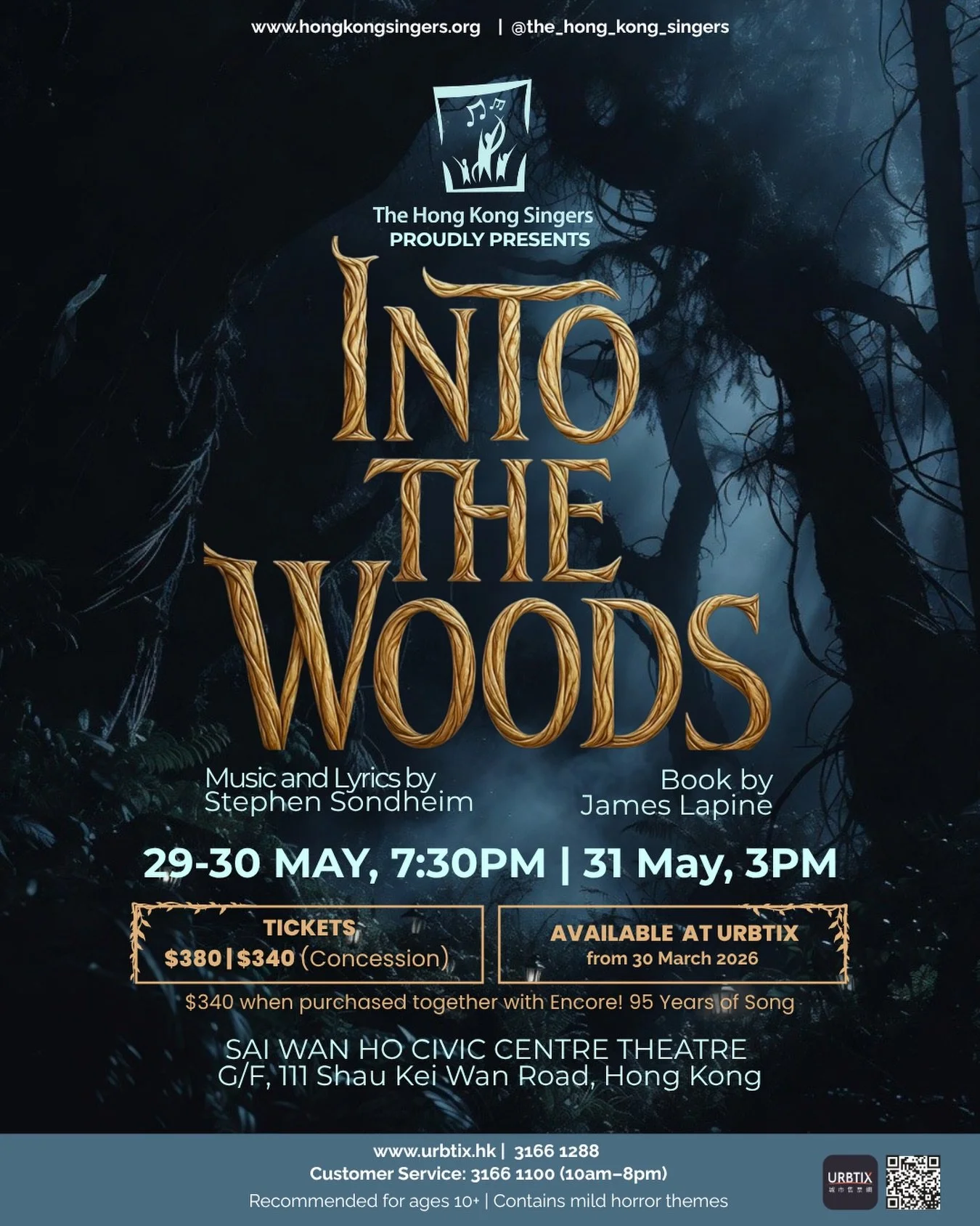 Tickets sales open tomorrow!

If you&rsquo;ve ever dreamed of fairy tales colliding in the most thrilling, heartfelt, and surprisingly grown-up way, you&rsquo;re in for a treat. The Hong Kong Singers are excited to bring Stephen Sondheim&rsquo;s icon