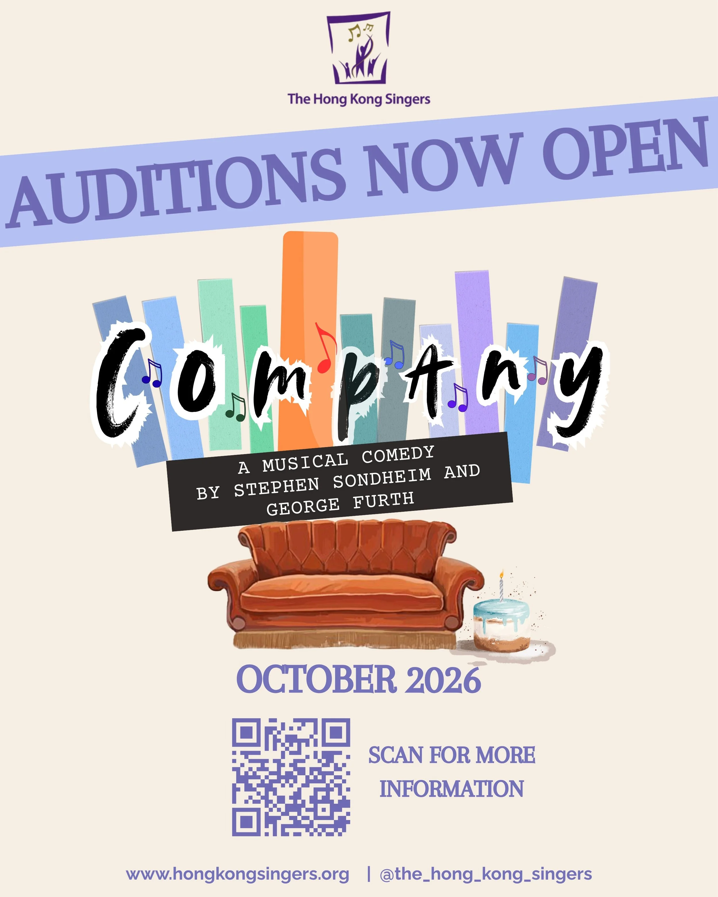 AUDITIONS ARE NOW OPEN! 🎭

The Hong Kong Singers are delighted to announce our next production...
Stephen Sondheim's COMPANY

Join us as we celebrate Bobby's 35th Birthday through this iconic, witty, and heartfelt musical about love, friendship and 