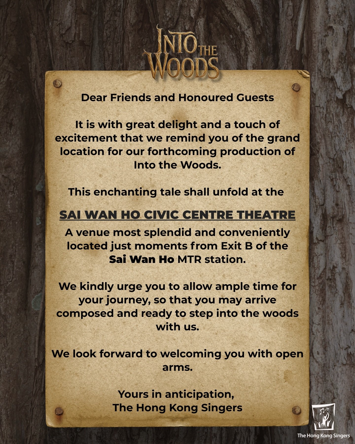 📣Dear friends and honoured guests,

Please be reminded that our production of Into the Woods is at the SAI WAN HO Civic Centre 📍

There is still some tickets left if you&rsquo;ve not got yours! Visit the link in our bio!

#saiwanhociviccentretheatr