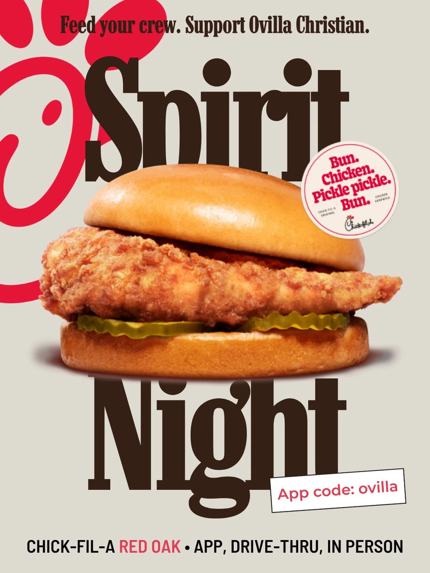 Spirit Night at Chick-fil-A Red Oak!
**September 8, 2026**
Order between 5:00-8:00 pm at @chickfilaredoak._ and 15% of the proceeds will come back to Ovilla Christian.

&mdash;Use the app code &ldquo;ovilla&rdquo; (all lowercase) to place a mobile or