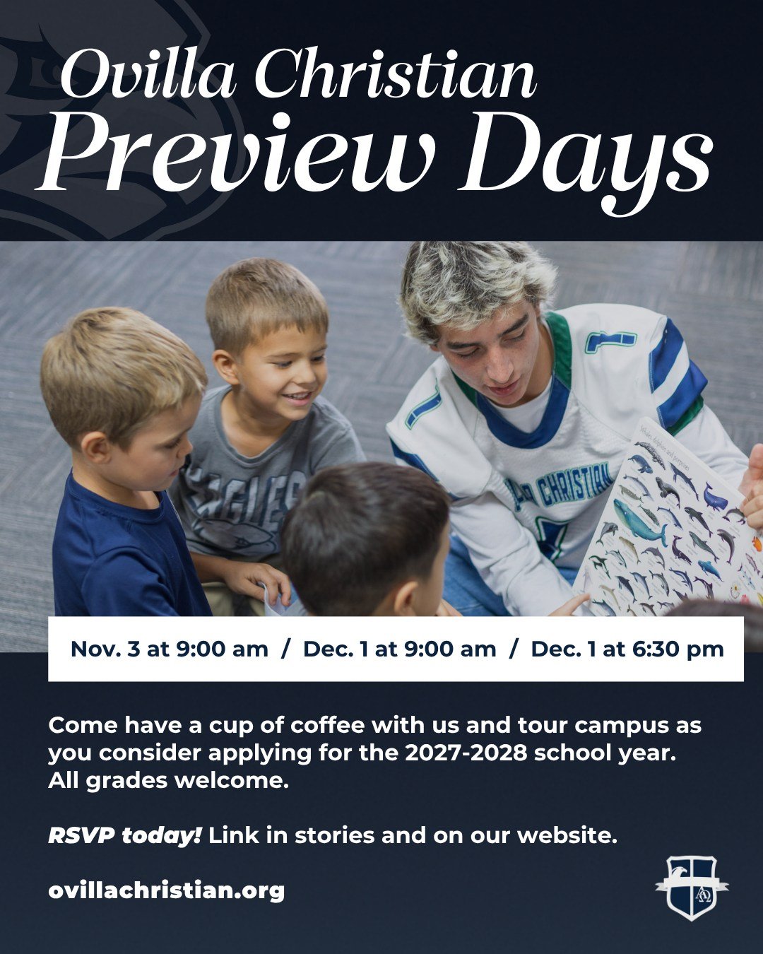 Come see what makes Ovilla Christian different! 
Preview Days for the 2027-2028 school year are happening soon: choose from three times to tour our campus as you consider applying.

&mdash;November 3 at 9:00 am
&mdash;December 1 at 9:00 am
&mdash;Dec