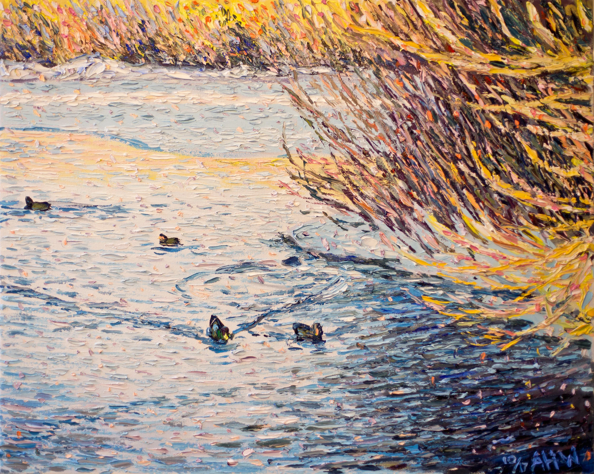 Two ducks near a snowy shore