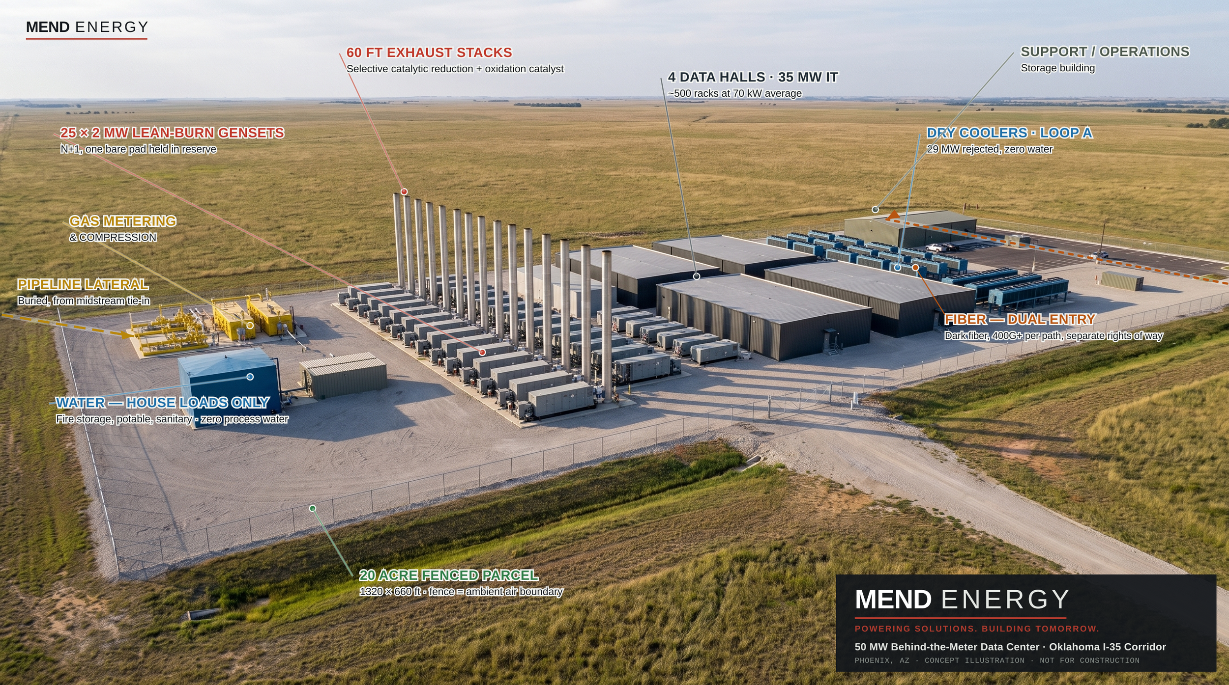 Annotated site render: 50 MW behind-the-meter data center, Oklahoma I-35 corridor. Concept illustration.