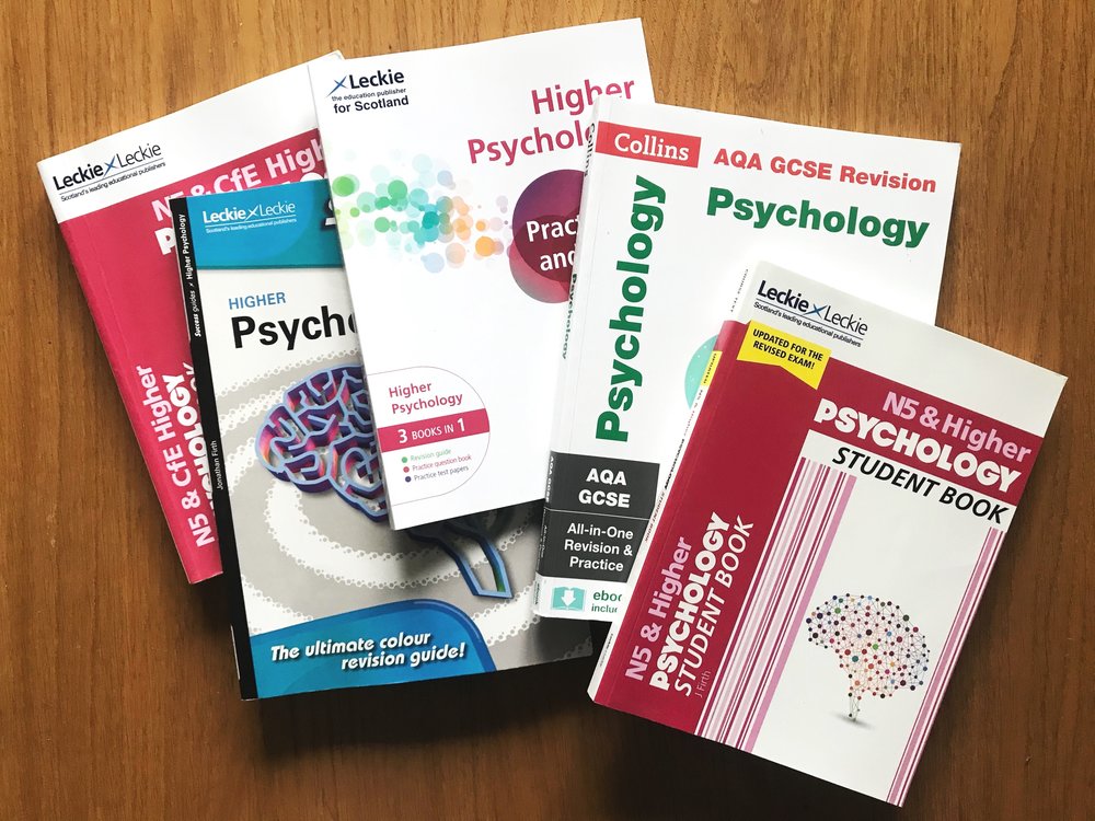 My own school psychology textbooks, including books for the Higher and GCSE courses. There are also a wide range of resources for A-Level Psychology.