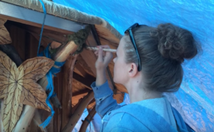 Assistant helping Billy sculpt faux wood burls on the Fairy House.