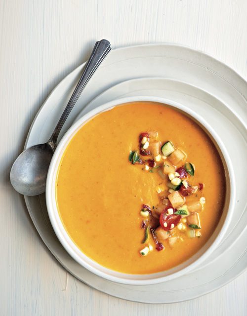 Chilled Sun Gold Tomato Soup with Lots of Summer Stuff
