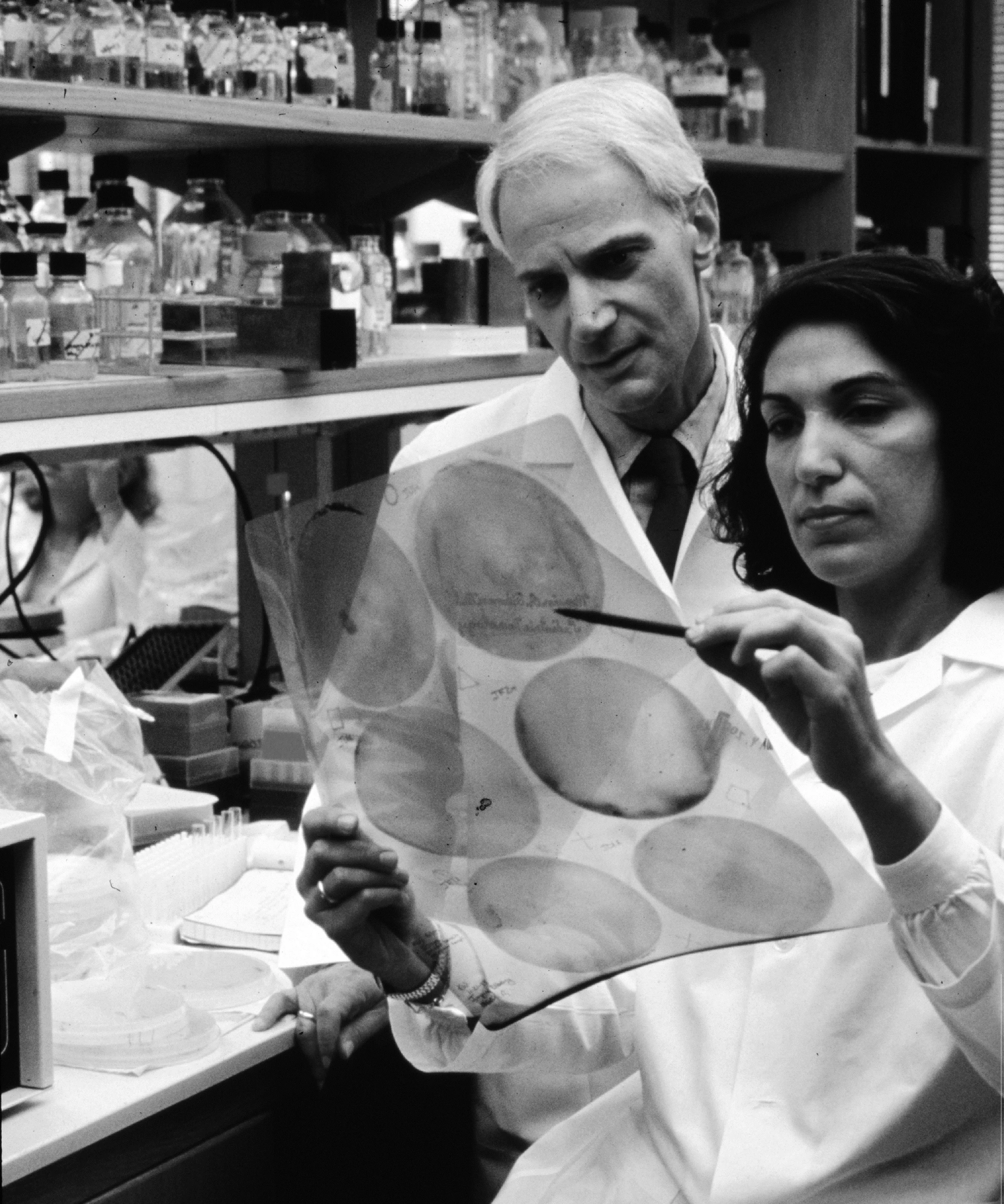 Dr. Marvin Fishman with Dr. Huda Zoghbi in her lab. In 1999, Dr. Huda Zoghbi identified the defective gene, MECP2, that causes Rett Syndrome.