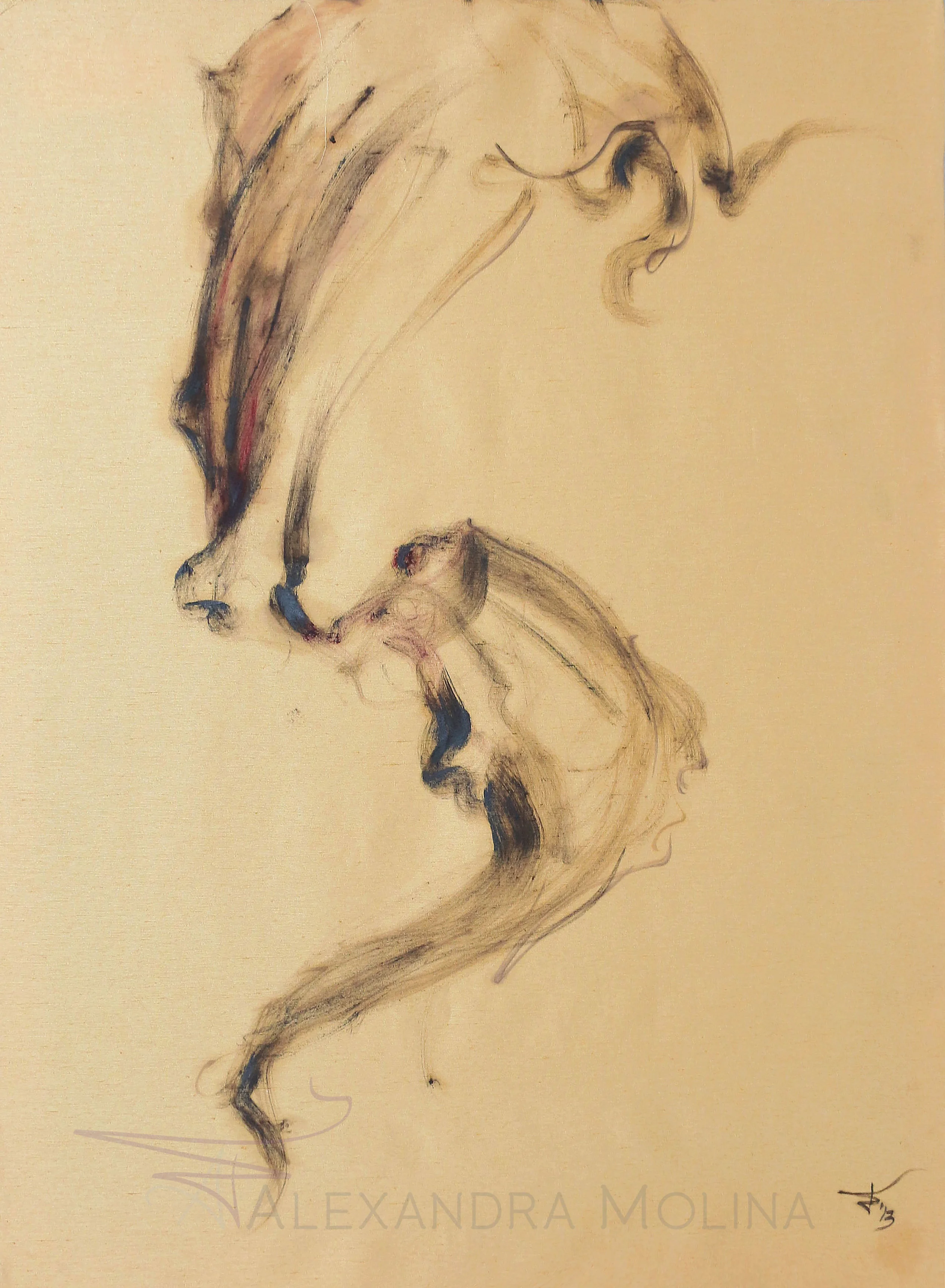 Veil on Gold, 2013 Oil on fabric A "golden-oldie" in my eyes, this meditative painting explores push and pull concepts shaped by our dance experiences. The fabric softly shimmers in the light, setting a peaceful and mindful space for thought.