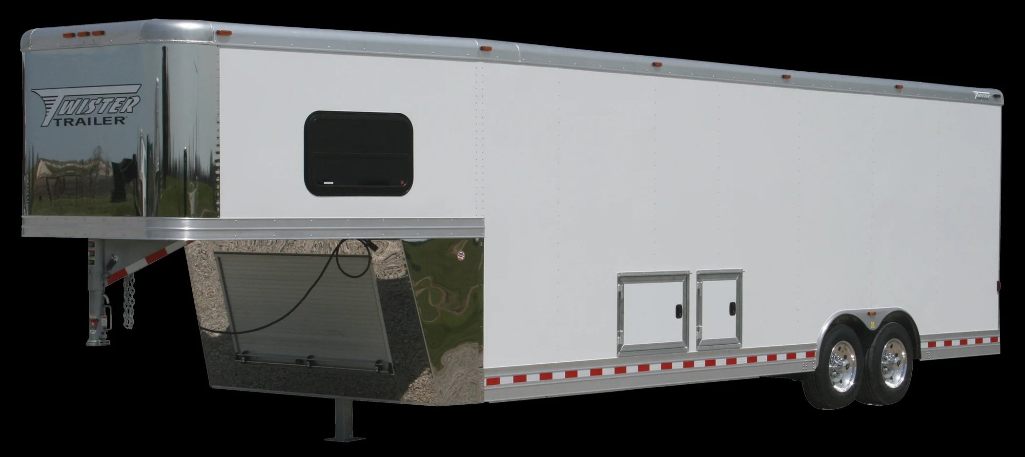 White enclosed trailer with dual axles and a small window, branded as 'Wester Trailer', parked on gravel with a black background.