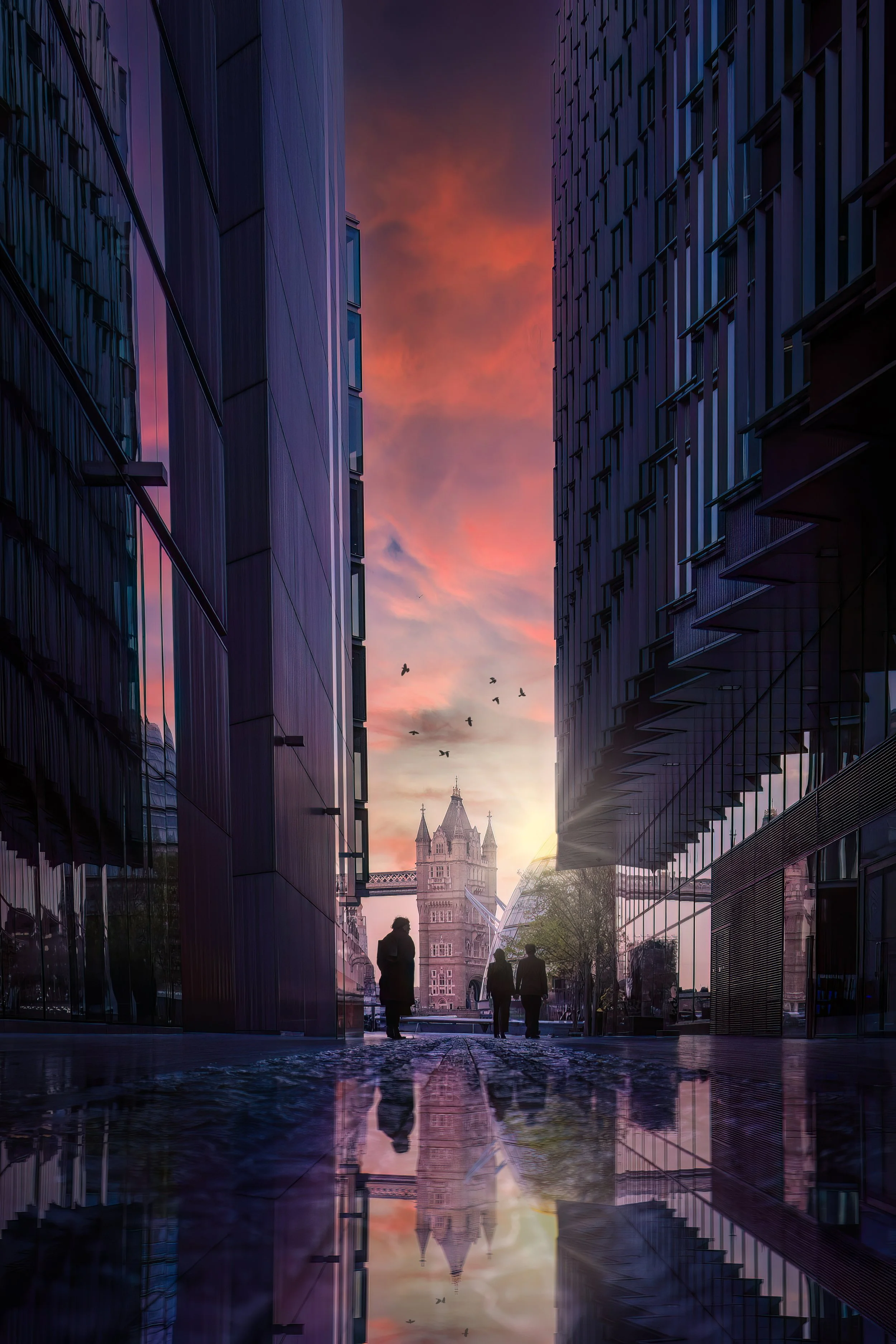 Alley to Tower Bridge sunset London UK architecture and reflections
