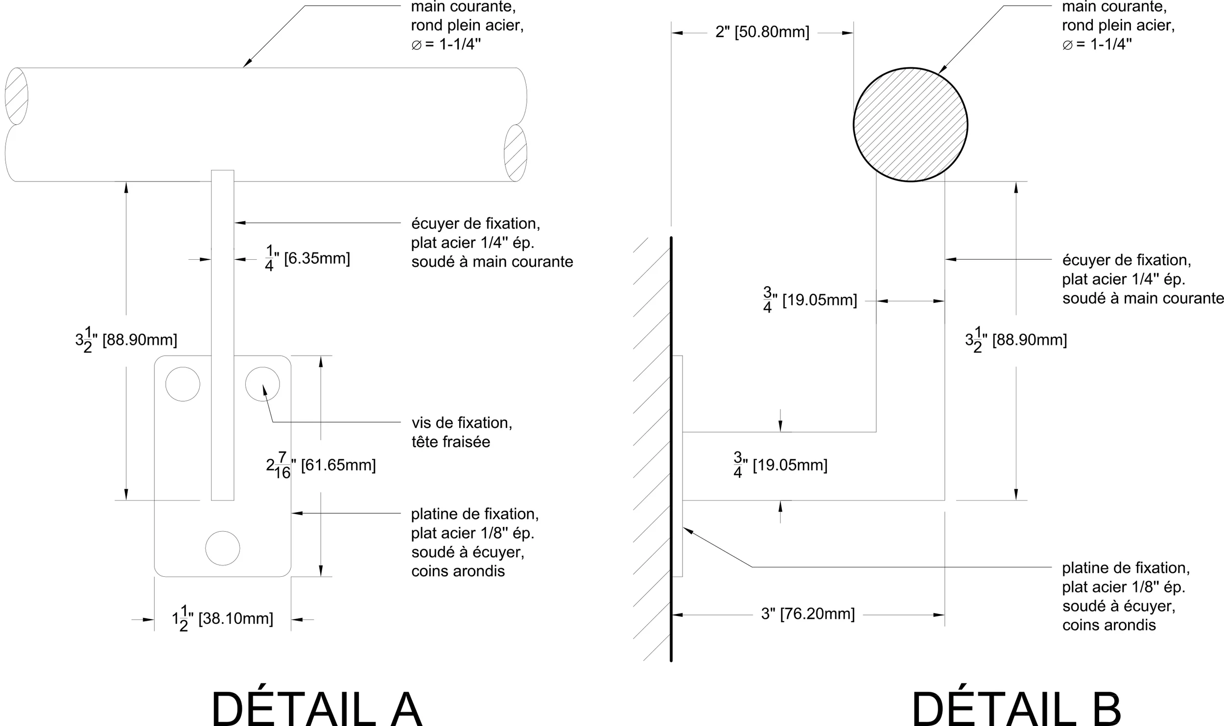 Dessin montrant les détails de construction des mains courantes.