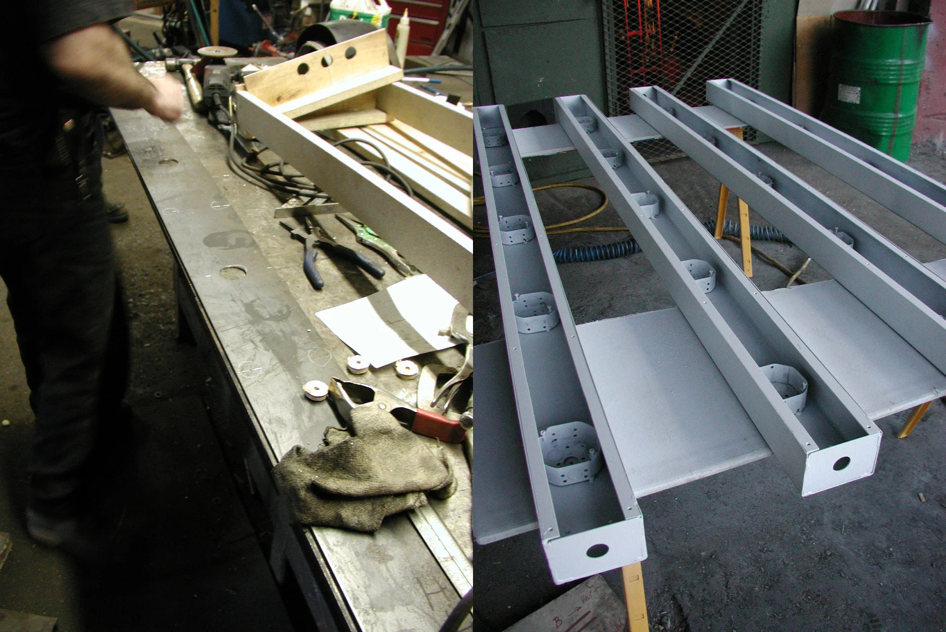Boîtiers en U et plaques d’acier de surface en fabrication chez Monpetit Inc. Photo chantier © Paul Laurendeau
