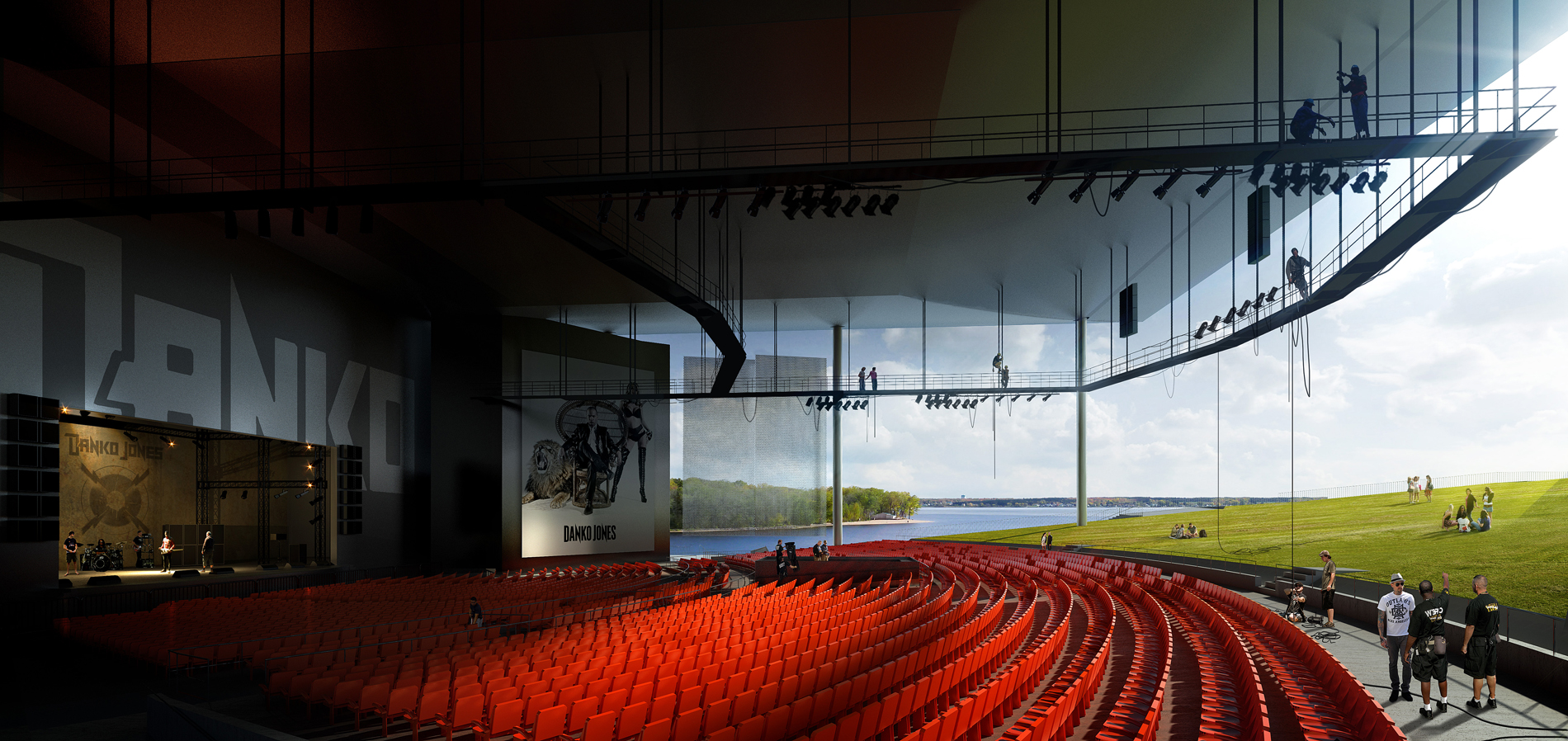 Vue de l’auditorium soumise au concours en 2011. Les sièges sont les seuls éléments de couleur rouge. Image © mir.no