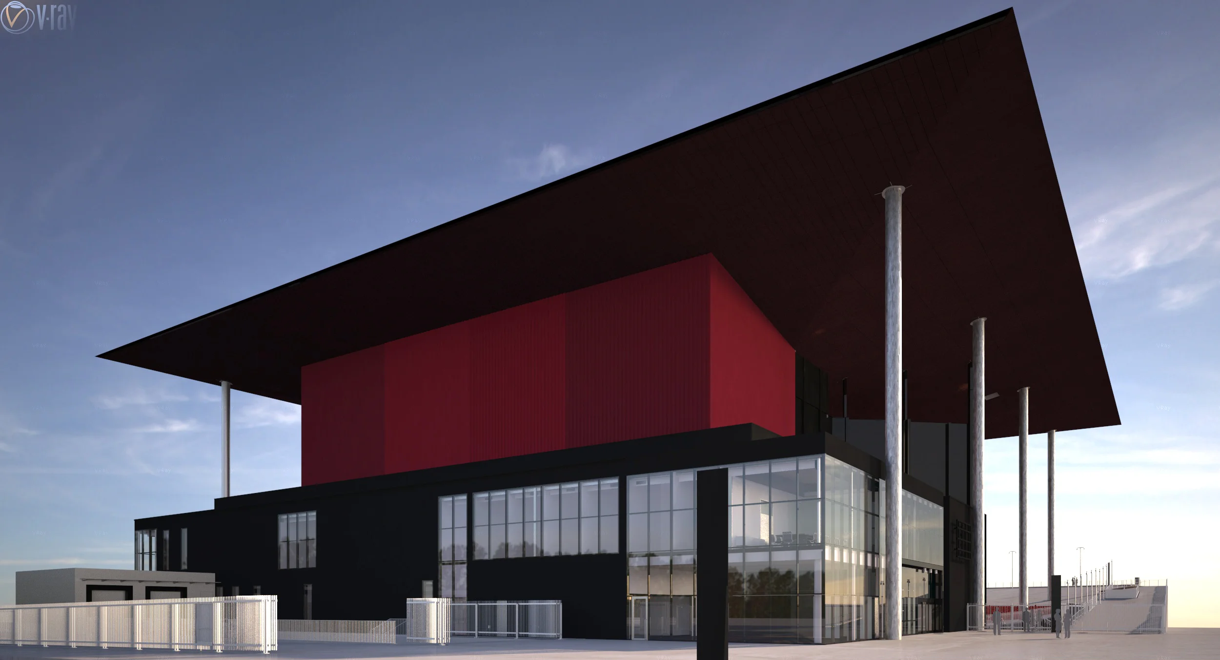 Vue de la façade arrière au 10 février 2014. Des tests de couleur avec rouge vif sur la cage de scène.
