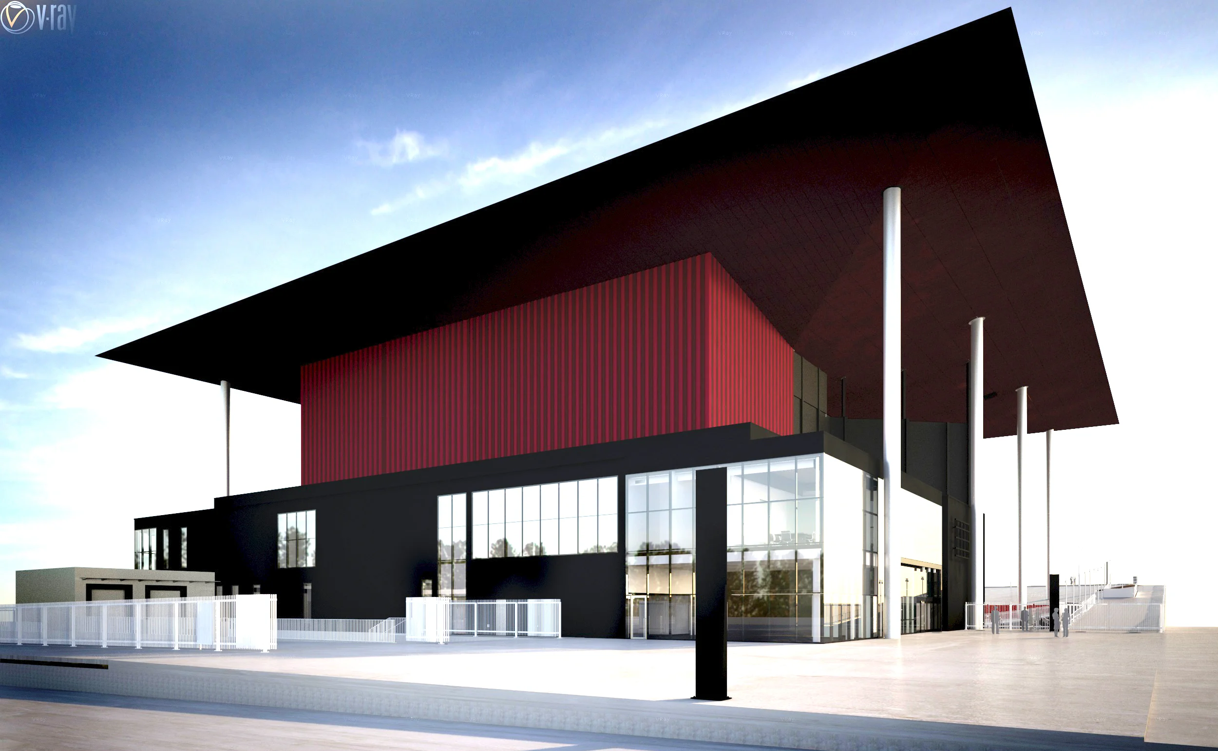 Vue de la façade arrière en février 2014. Des tests de couleur sont réalisés avec des panneaux rouges et noirs en alternance.