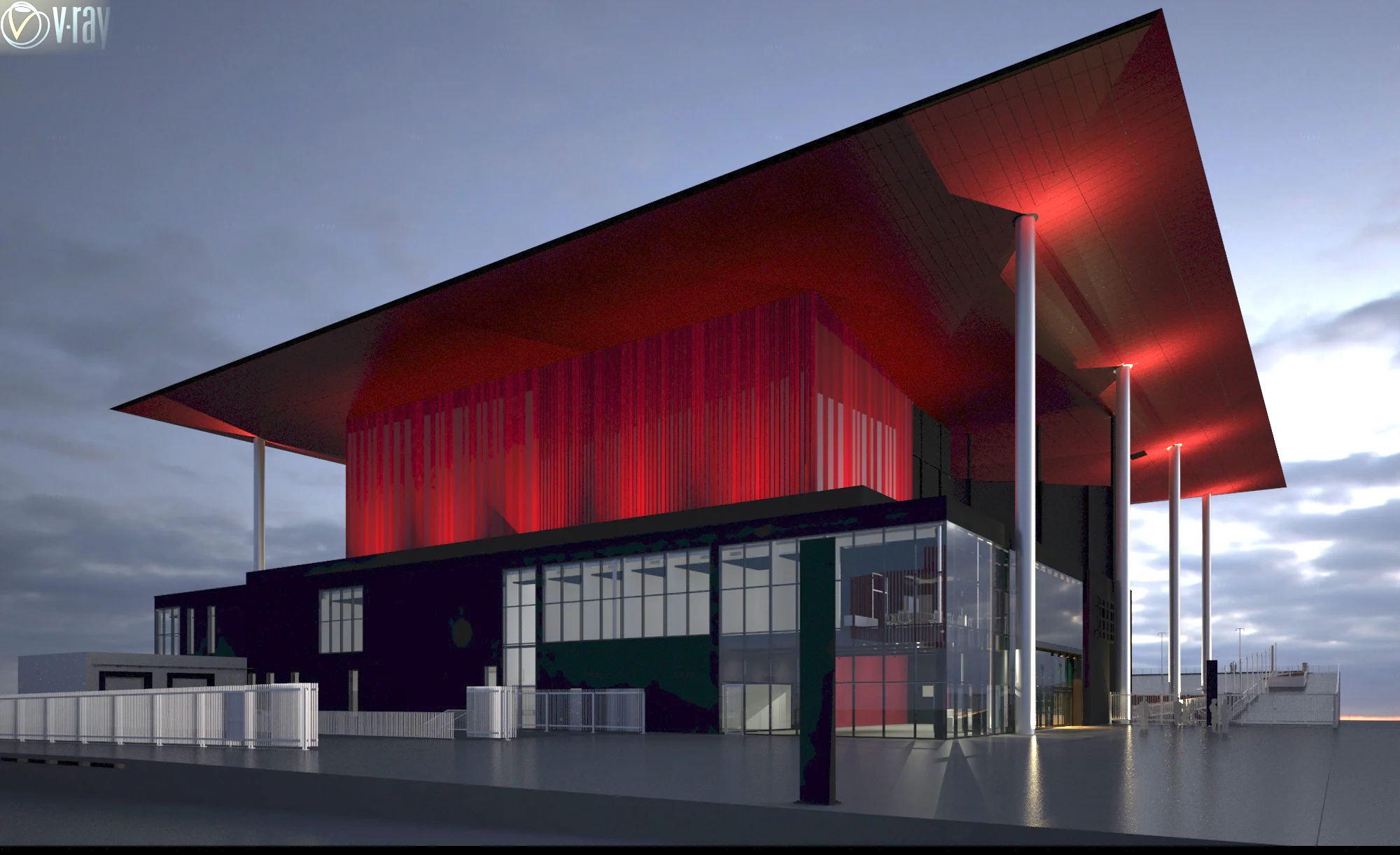 Vue de la façade arrière en février 2014. Des tests de couleur sont réalisés avec trois couleurs de panneaux répartis irrégulièrement.