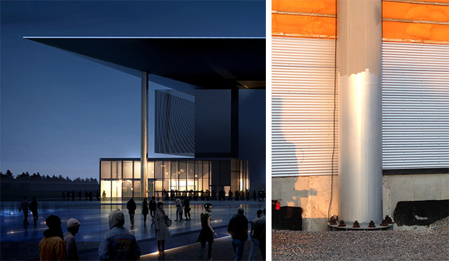 Couleur des colonnes au concours et tel que construit. Image © mir.no.