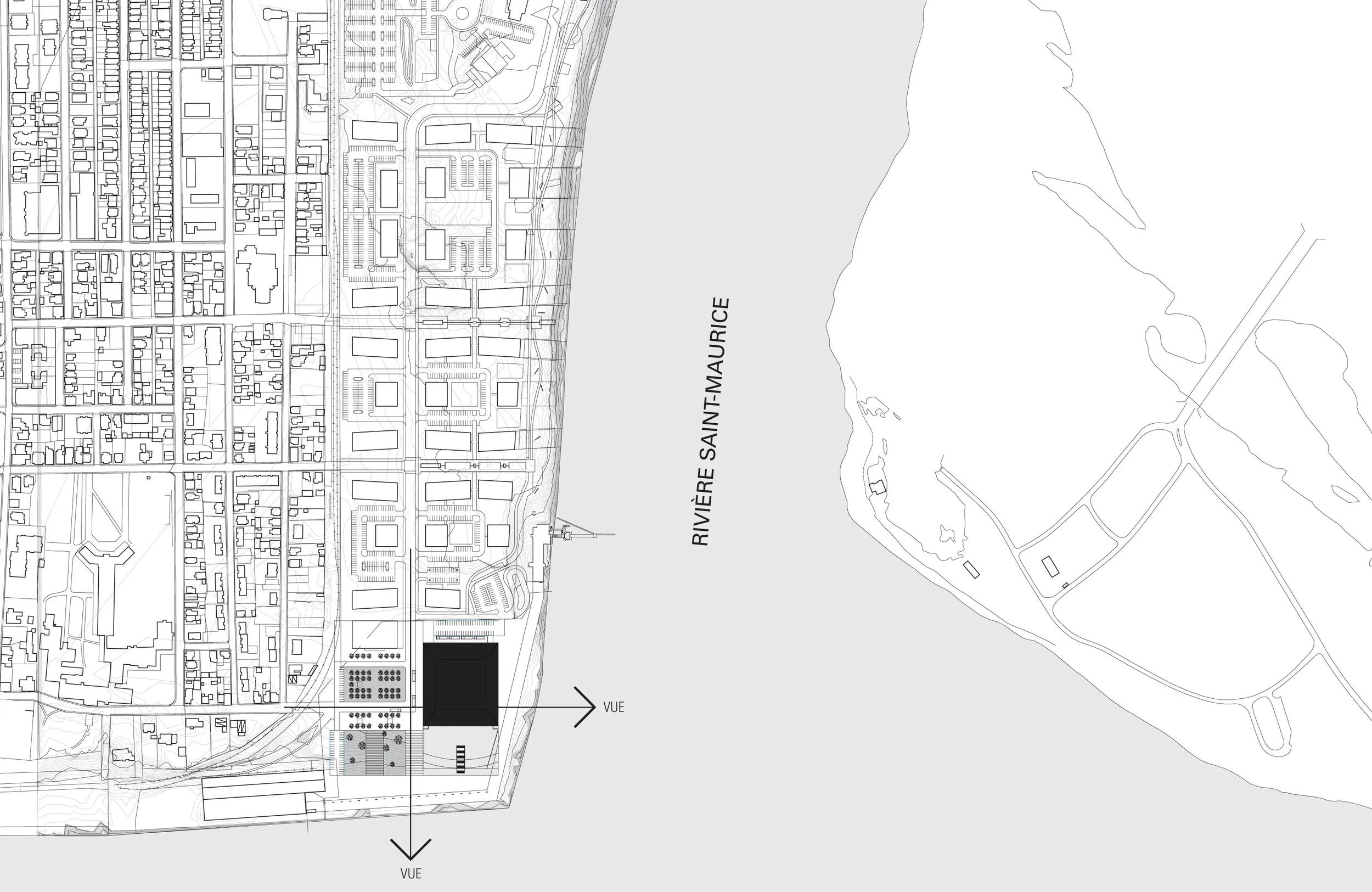 Plan de site. Deux axes définissent la position du bâtiment.