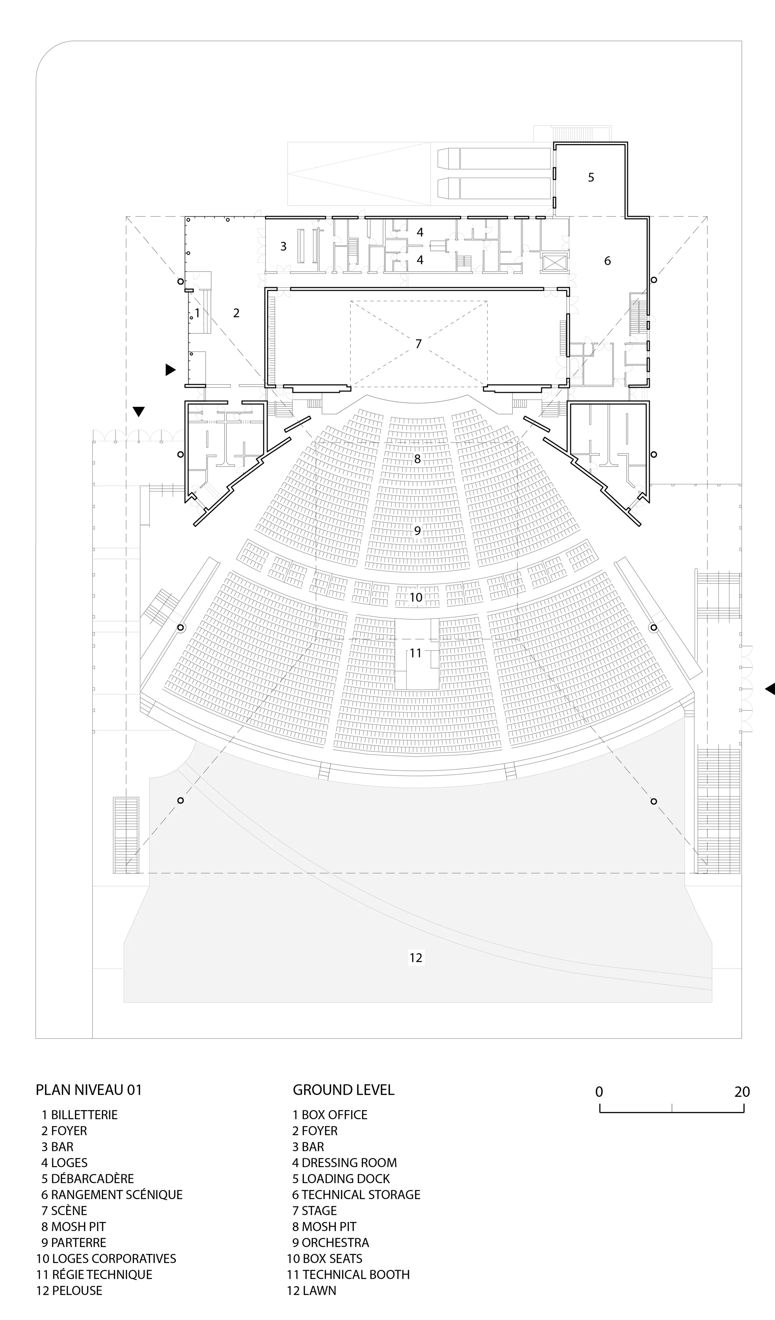 Plan du rez-de-chaussée avec 3,500 sièges et une pelouse pour 5,500 personnes.