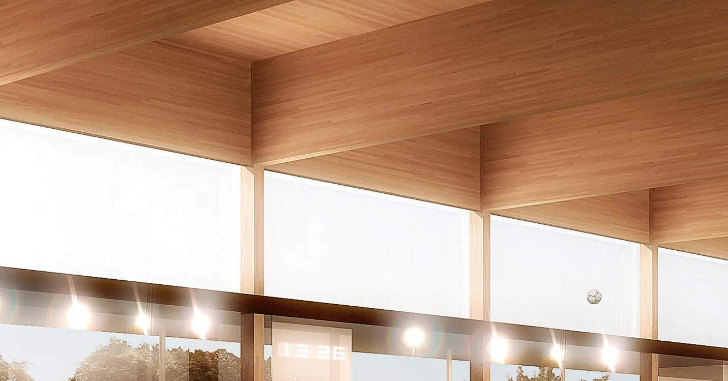 Détail du plafond en bois lamellé