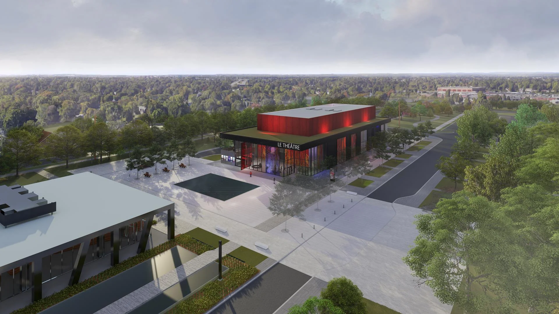 Vue du nouveau Théâtre, de la place publique et du Centre d'art