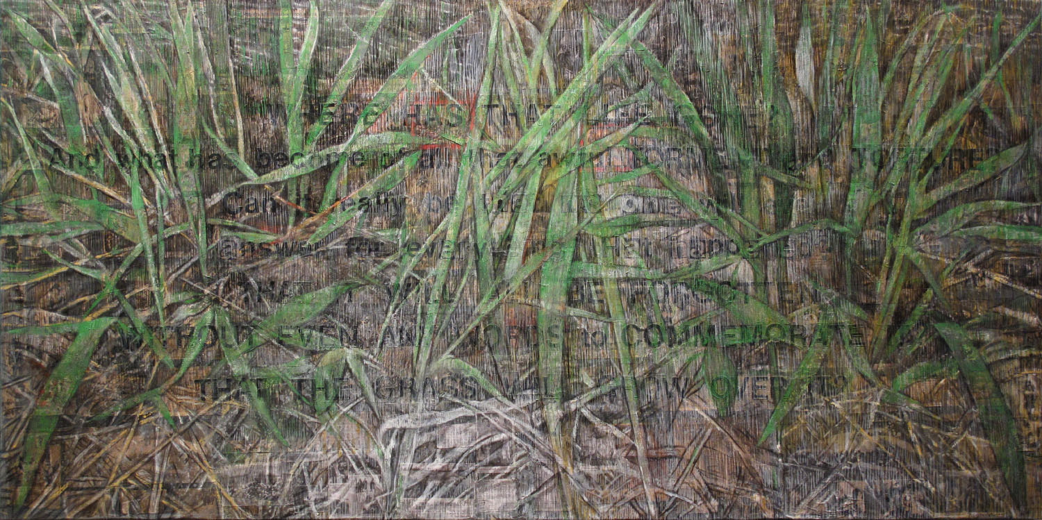 2aa(0)--Will the Grass Grow Over It, oil, pigmented wax,print media  collage on linen, 48x96,  2013.jpg