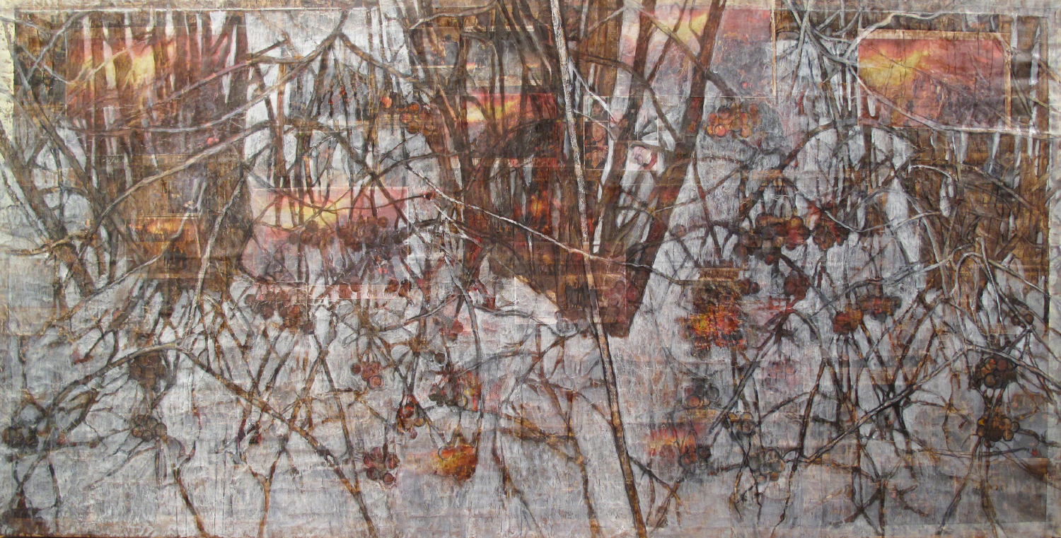 2ac(0)-Fire and Ice (Maidan) -  oil, resins, chalk, print media collage on distressed canvas, 48x96 in. 2015.jpg